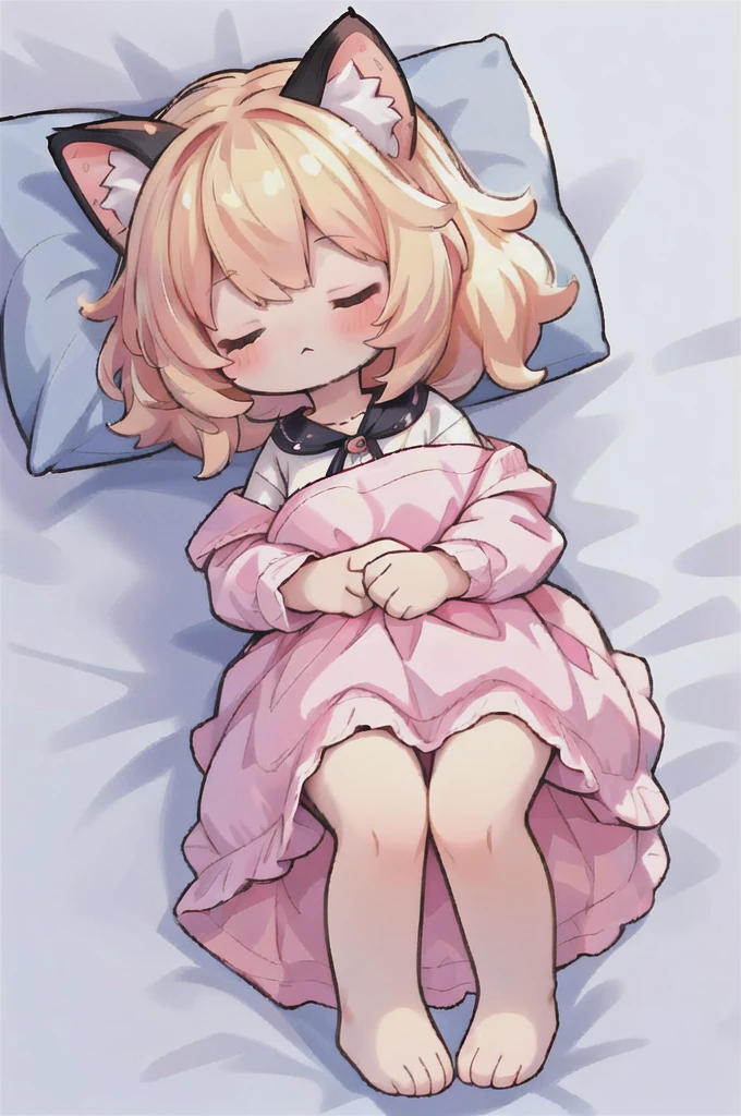 A cartoon of a cat sleeping on a pillow and another cat sleeping on it, there is nothingmimi, Cat girl, Beasts, There is a cat next to her, Cat girl, cute anime Cat girl, Ah ah, there is nothing, anime Cat girl, anime、Pink nightcap、Sleeping on a futon、Blonde Hair、Short Hair