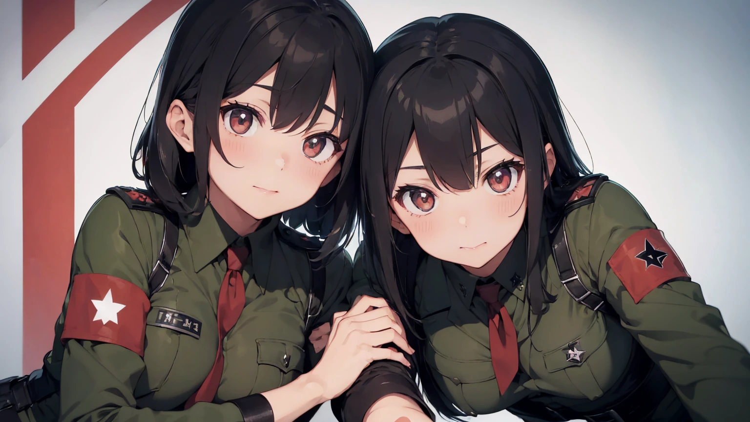 Gestapo uniform, female lesbian kawaii sisters kissing passionately with T-54 tank. wearing Luftwaffe uniforms. 8k. masterpiece. best quality. best artwork. lingerie. Swastika insignia red armband. bare breasts
