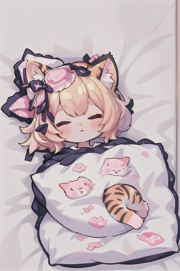 A cartoon of a cat sleeping on a pillow and another cat sleeping on it, there is nothingmimi, Cat girl, Beasts, There is a cat next to her, Cat girl, cute anime Cat girl, Ah ah, there is nothing, anime Cat girl, anime、Pink nightcap、Sleeping on a futon、Blonde Hair、Short Hair