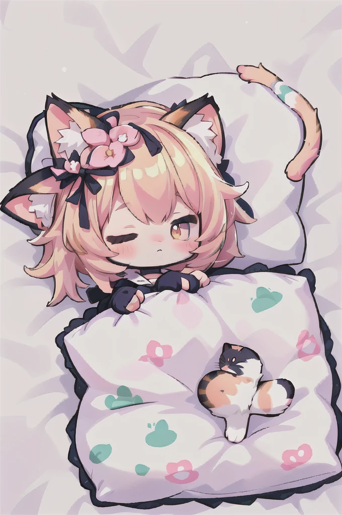 A cartoon of a cat sleeping on a pillow and another cat sleeping on it, there is nothingmimi, Cat girl, Beasts, There is a cat next to her, Cat girl, cute anime Cat girl, Ah ah, there is nothing, anime Cat girl, anime、Pink nightcap、Sleeping on a futon、Blonde Hair、Short Hair