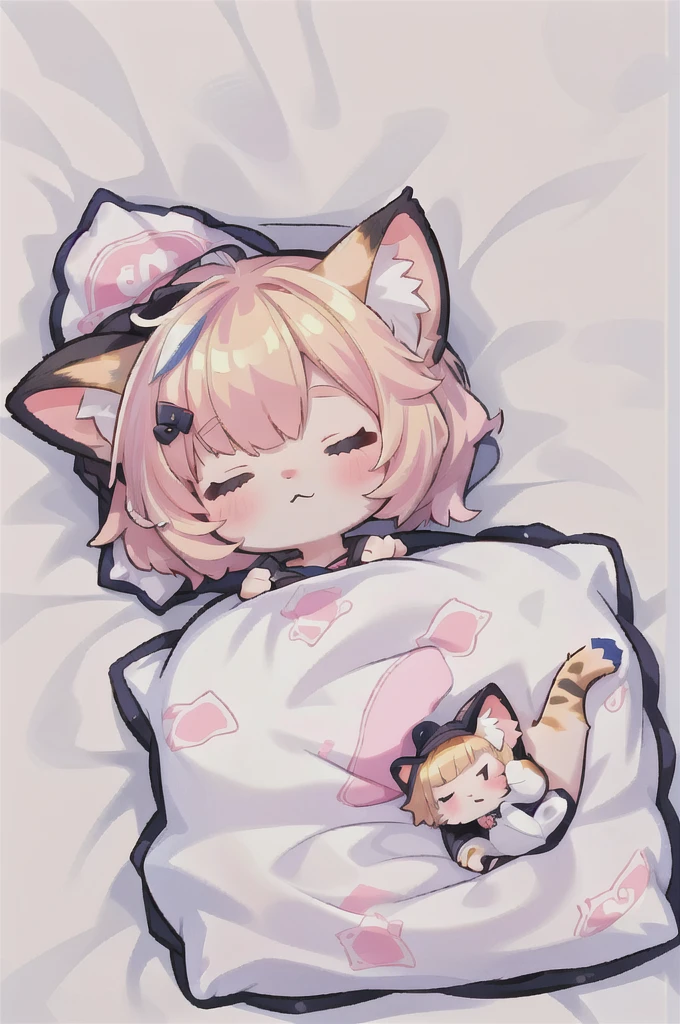 A cartoon of a cat sleeping on a pillow and another cat sleeping on it, there is nothingmimi, Cat girl, Beasts, There is a cat next to her, Cat girl, cute anime Cat girl, Ah ah, there is nothing, anime Cat girl, anime、Pink nightcap、Sleeping on a futon、Blonde Hair、Short Hair