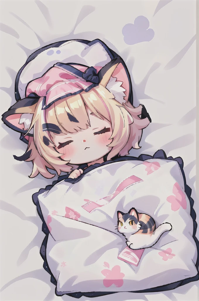 A cartoon of a cat sleeping on a pillow and another cat sleeping on it, there is nothingmimi, Cat girl, Beasts, There is a cat next to her, Cat girl, cute anime Cat girl, Ah ah, there is nothing, anime Cat girl, anime、Pink nightcap、Sleeping on a futon、Blonde Hair、Short Hair