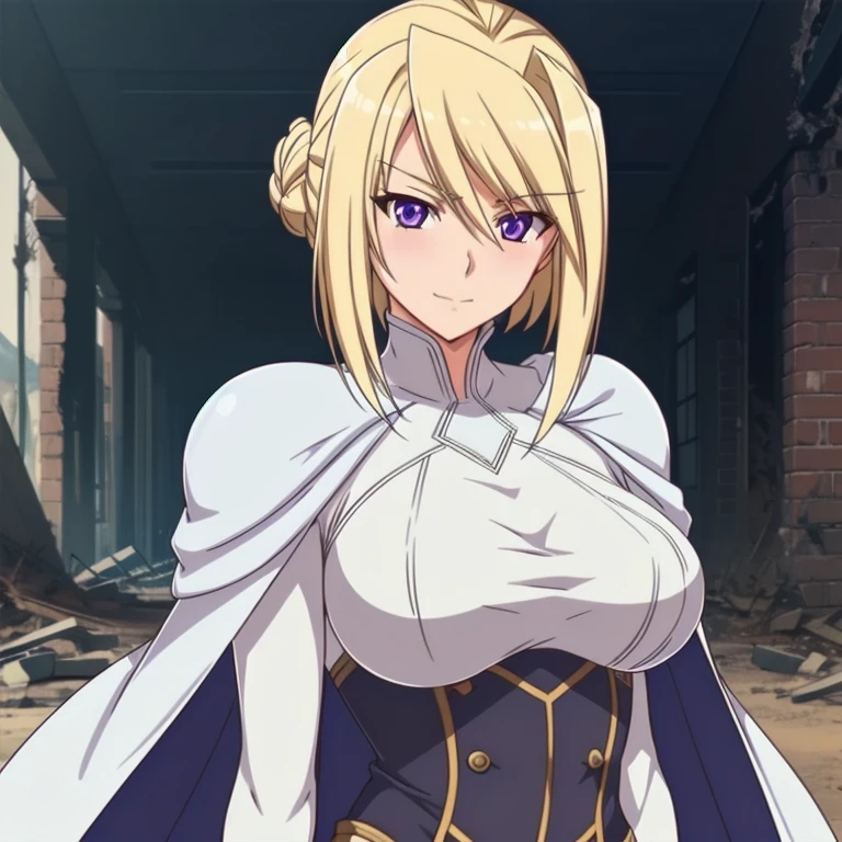 1girl,,big breasts,standing in ruined city,(8k),scratches,detailed face,blond hair,purple eyes,short hair,embarassed,small smile face,bun,hair, high_res, high_definition,the battlefield,battle pose,white corset,white cape,white gloves, (Emma Frost Custome:1.1),