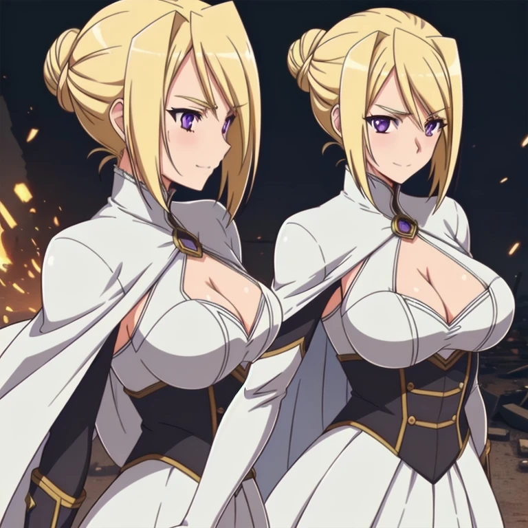 1girl,,big breasts,standing in ruined city,(8k),scratches,detailed face,blond hair,purple eyes,short hair,embarassed,small smile face,bun,hair, high_res, high_definition,the battlefield,battle pose,white corset,white cape,white gloves, (Emma Frost Custome:1.1),