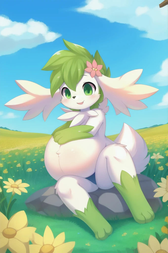 Shaymin (Sky forme), young, green hair, green eyes, black nose, white body fur, green hands, green feets, detailed face, detailed eyes, detailed body fur, glistering body, shiny body, gorgeous body, full body, feets whit three toes, :3, flower field, clear sky, looking at you, sit on rock, masterpiece, hyper-pregnant 