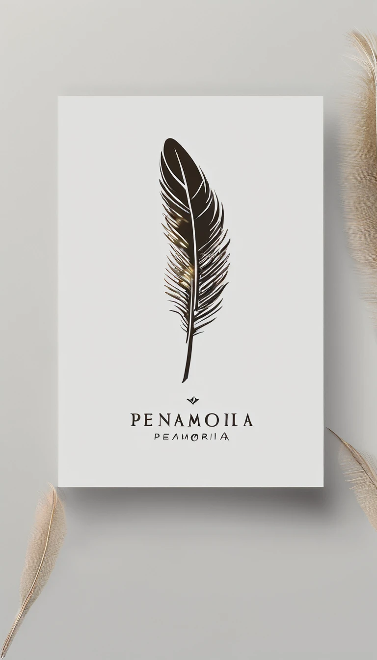 A minimal, modern, simple, cinematic logo design for the brand “Penamemoria". Create a modern, memorable, unique, minimalistic, high-quality,dreamy, fantastic, poetic, masterpiece logo design of a MEMORY FEATHER
