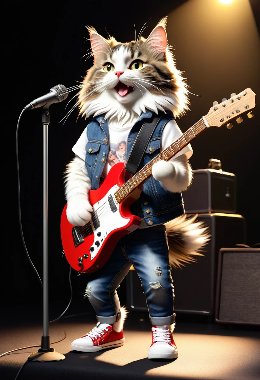 Realistic portrait of an animal in clothes - beautiful anthropomorphic Norwegian Forest Cat, Super Realistic、White T-shirt and jeans、sneakers、In the spotlight, playing rock guitar in front of a stand microphone、With the microphone、Singing with eyes closed、Strong light backlighting、Dramatic、Highly detailed decorations,, (Moving), There is a backing band、Dramatic(Full body image:1.5)