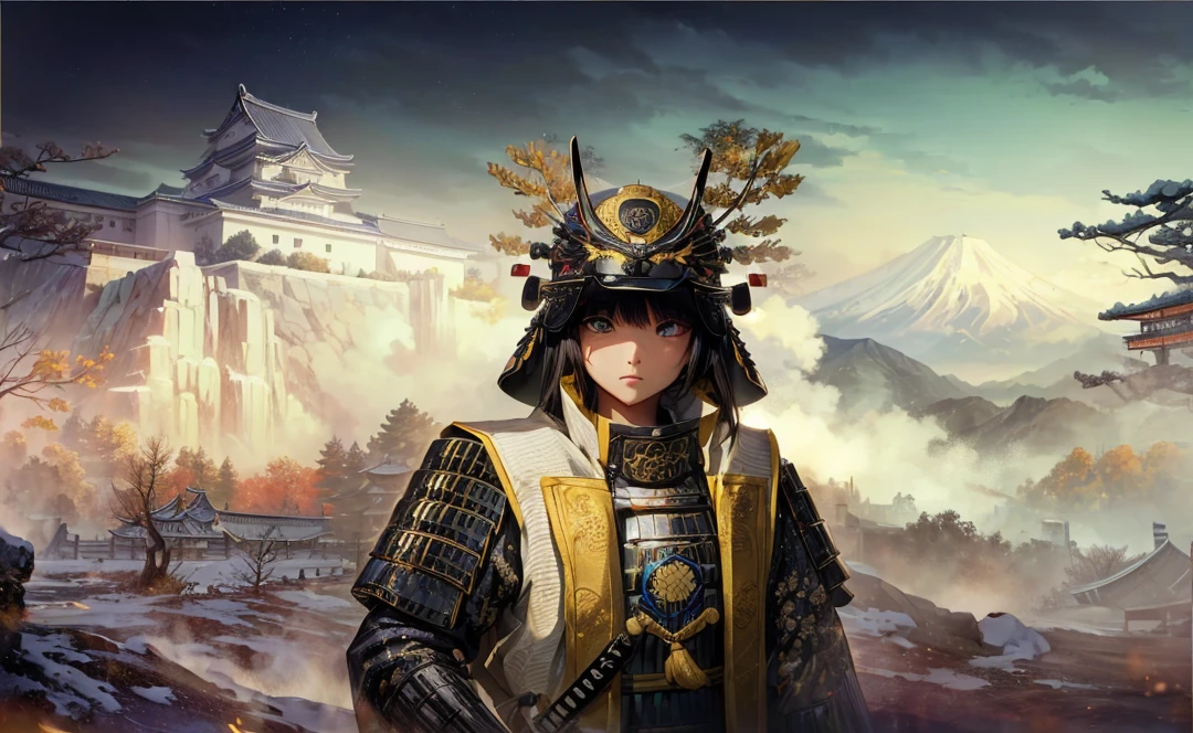 Female, (girls:1.5), (exceptional, best aesthetic, new, newest, best quality, anime, waifu:1.2), best quality, ultra detailed, absurdres, highres, colored, good anatomy, normal eyes, centered eyes, no cockeyed, no cross-eyes black hair, pretty face, Japanese Samurai armor, Samurai helmet, laurel leaves on helmet, swords, cape, Japanese castle, tree, snow mountain, fire,