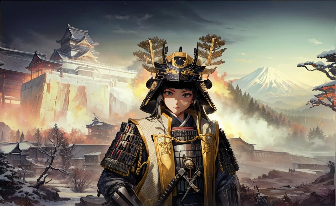 Female, (girls:1.5), (exceptional, best aesthetic, new, newest, best quality, anime, waifu:1.2), best quality, ultra detailed, absurdres, highres, colored, good anatomy, normal eyes, centered eyes, no cockeyed, no cross-eyes black hair, pretty face, Japanese Samurai armor, Samurai helmet, laurel leaves on helmet, swords, cape, Japanese castle, tree, snow mountain, fire,