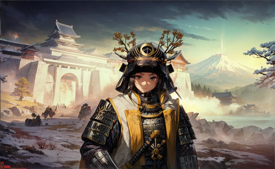 Female, (girls:1.5), (exceptional, best aesthetic, new, newest, best quality, anime, waifu:1.2), best quality, ultra detailed, absurdres, highres, colored, good anatomy, normal eyes, centered eyes, no cockeyed, no cross-eyes black hair, pretty face, Japanese Samurai armor, Samurai helmet, laurel leaves on helmet, swords, cape, Japanese castle, tree, snow mountain, fire,