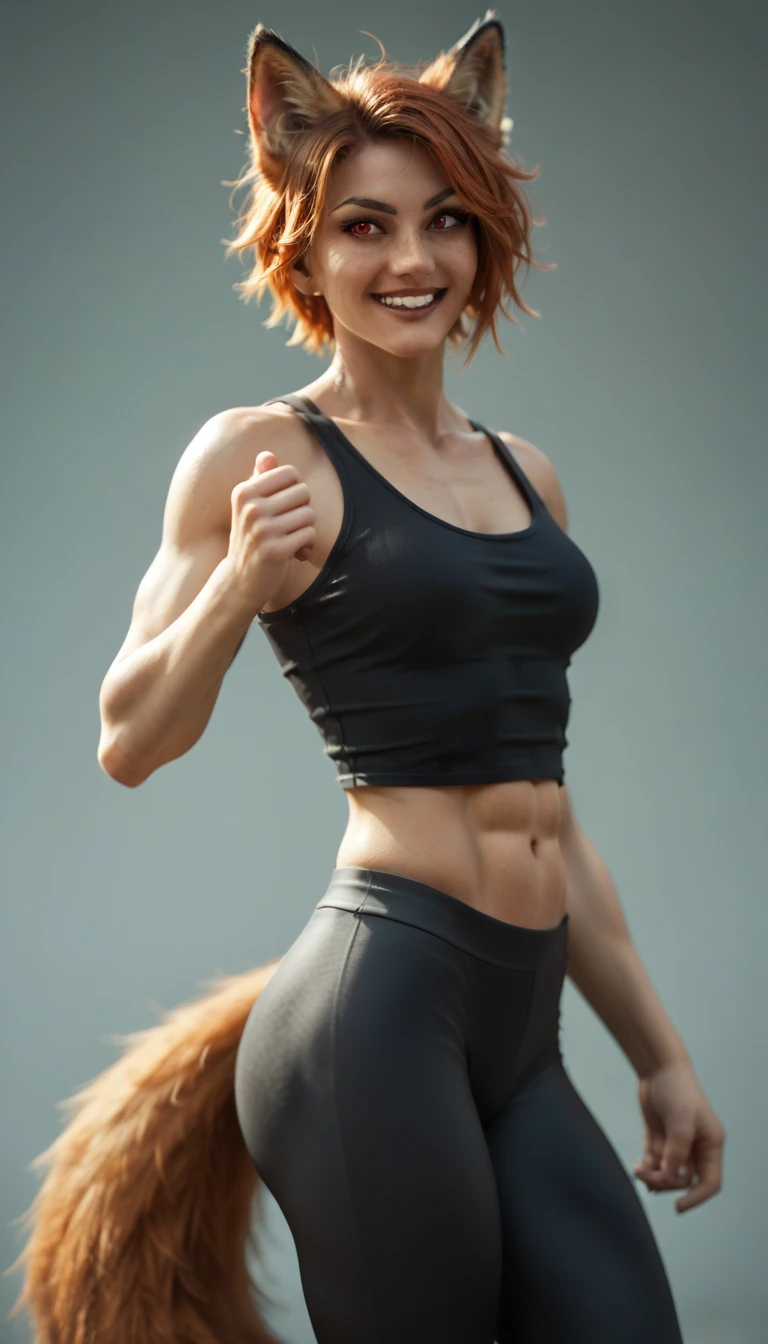 (zPDXL2), score_9, score_8_up, score_7_up, source_anime, 2d,
(tomgirl), short ginger hair, punk hair style, (smile), athletic body, (fox ears, fox tail), action pose, (wearing thigh yoga pants, wearing oversize long tank top), narrow hips, solo, showing belly, red eyes, side shot,
AissistXLv2, unaestheticXL_bp5, SimplePositiveXLv2, zPDXL2 PonyXLV6_Scores
