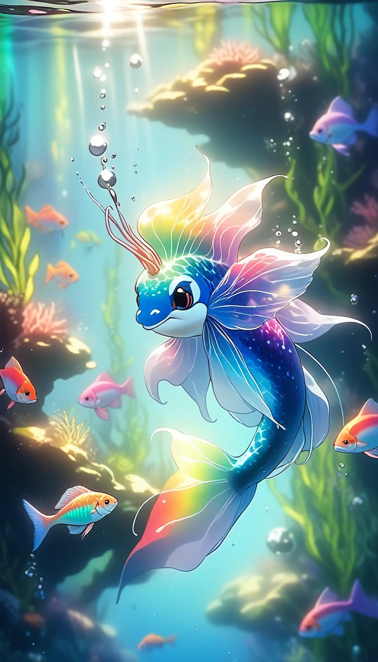 Underwater, amazing colors, close, Light refracts in water, Reflective transparent rainbow,Gentle lighting/ Soft Light, Attention to detail, Ultra-high resolution,