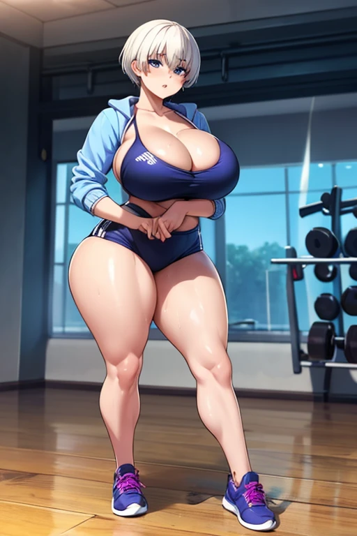 4k, masterpiece, high resolution, 3D art style, full body photo, Uzaki Hana, 1girl, white hair, blue eyes, thick lips, slender hips, thick thighs, thick, huge and droopy breast, huge round ass, oily shiny skin, cleavage, workout clothes, jacket, wet clothes, posing in the gym.