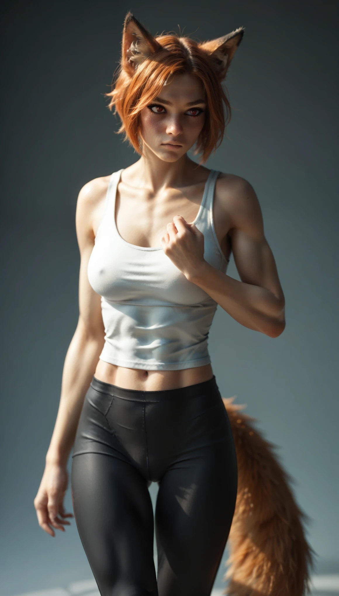 (zPDXL2), score_9, score_8_up, score_7_up, source_anime, 2d,
(tomgirl), short ginger hair, punk hair style, half shaved hair style, (shy face:1.2), athletic, strong body, (fox ears, fox tail), action pose, hands , (wearing thigh yoga pants, wearing oversize long tank top), narrow hips, solo, showing belly, red eyes,
AissistXLv2, unaestheticXL_bp5, SimplePositiveXLv2, zPDXL2 PonyXLV6_Scores