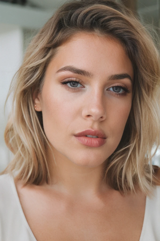 a beautiful 23-year-old woman, girl next door, makeup, lips, seductive, blonde, messy hair, short hair, film grain, cleavage, retro, Porta 160 color, shot on ARRI ALEXA 65, sharp focus on subject, Fujifilm XT-3