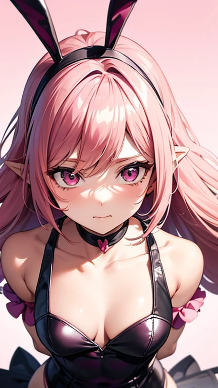 animated style, a close up of a cartoon woman with bunny ears and tail, with rabbit tail, with rabbit ears, girl design, times, portrait, Giesha, animated image, by the wide, pink hair, hair covering the ears, happy, Polished and powerful appearance, exotic, high  