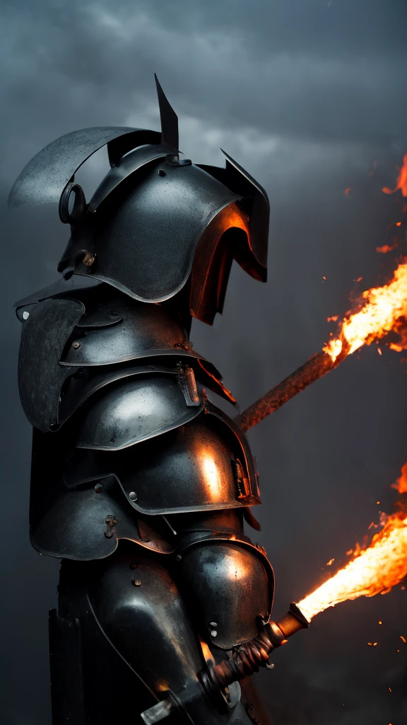 ((mejor calidad)), ((obra maestra)), (detallado),dullahan, no head, A Knight,dullahan, plate armor, Steel armor corroded armor, paladin armor, dark, no head, dense black smoke for head, carries a single-bladed axe, wooden handle, ruinous edge, menacing appearance, axe in attack position, dark background, black mist,Head replaced by black smoke