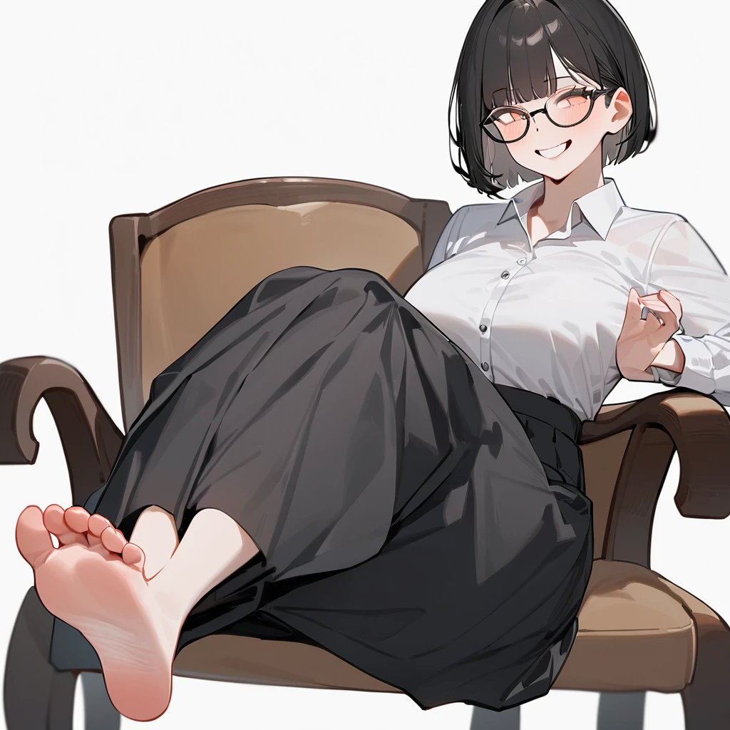 masterpiece, Highest quality, so beautiful, Absurd,
One girl, alone, Black Hair, Bobcut,
Thermont 16A, Glasses,
Collared shirt, Flared long skirt、Happy, smile, Sticking out tongue、She is sitting on a chair with the soles of her feet facing the camera、View your viewers, White Background, Simple Background,The subject's entire body is captured、NSFW、One girl, alone,