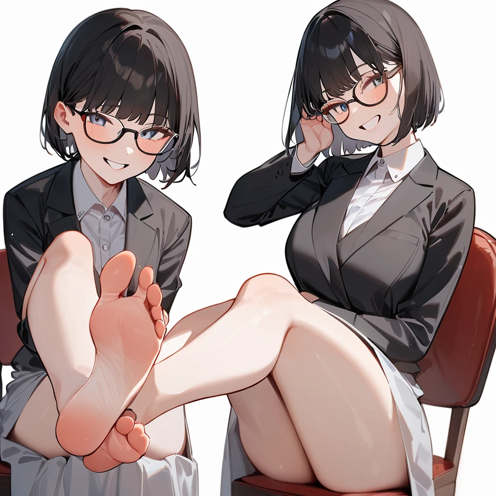 masterpiece, Highest quality, so beautiful, Absurd,
One girl, alone, Black Hair, Bobcut,
Thermont 16A, Glasses,
Collared shirt, Flared long skirt、Happy, smile, Sticking out tongue、She is sitting on a chair with the soles of her feet facing the camera、View your viewers, White Background, Simple Background,The subject's entire body is captured、NSFW、One girl, alone,
