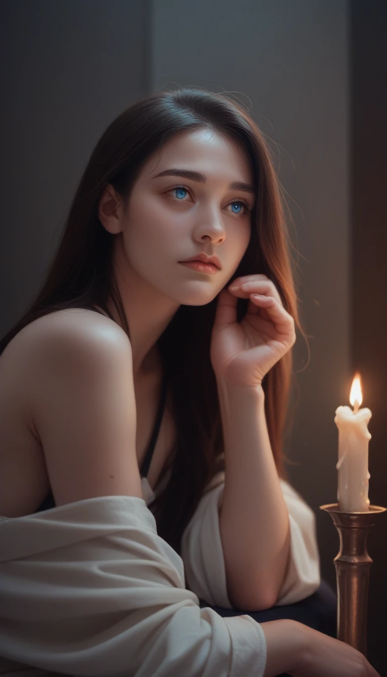 score_9_up, score_8_up, score_7_up, Handsome guy with deep blue eyes sits in a completely dark room. There is a lit candle 30 cm away from his face, Light up his beautiful face. Realistic style. 8K resolution. Very detailed.