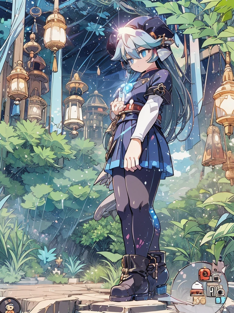 (female),cotton cap,(wave hair),dragon Chinese dress,black inner,gloves,pendant,(black tights),boots,cane,skirt,(background):,blue sky,ancient Luis,mist,((jungle)),(sun flare),　　　　　　(effect):,best quality,anime screencap,8k,high resolution,((anime style)),(anime paint)