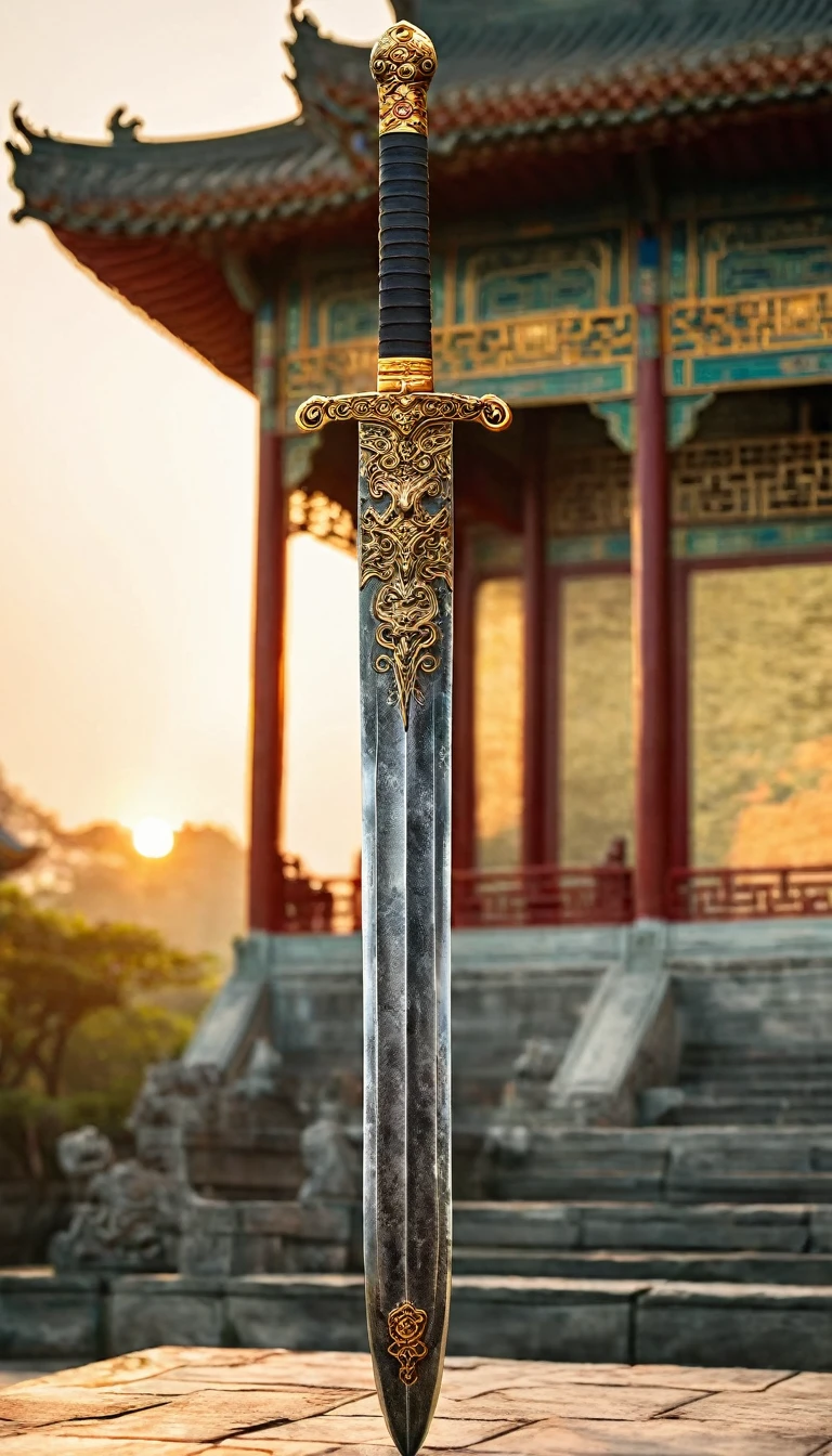 beautiful sword, metallic bright sword, (a ancient Chinese Broad sword), standing in Chinese Palace, near Garden, sunset ,(masterpiece, Highest quality, masterpiece, God-like quality, Godly art, , Very realistic)
