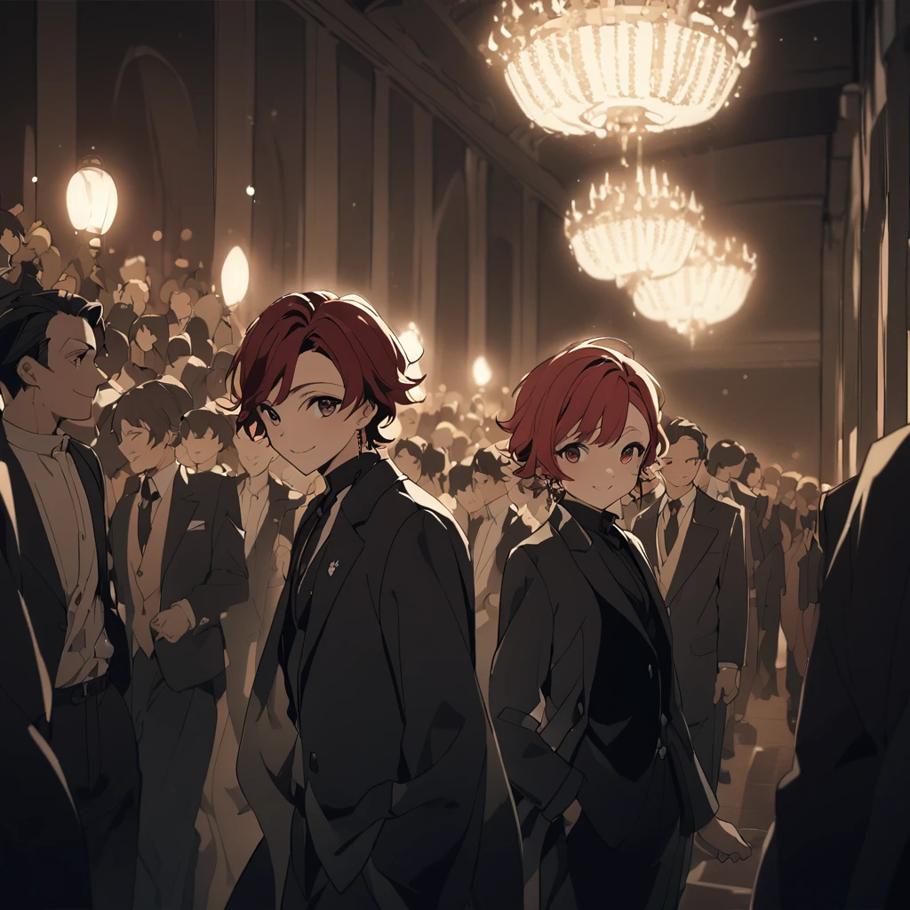 Kamado Tanjiro, with his distinctive red hair, stands inside a grand concert hall. He is dressed in a sleek black formal suit, with his hand casually in his pocket, smiling warmly while making eye contact with the viewer. Behind him, a crowd of people is visible, their faces blurred out in the background to create a sense of movement and liveliness,Modifiers: Elegant, sophisticated, inviting, vibrant, stylish, dynamic, celebratory, warm
Artist/Style Inspiration: Inspired by the works of René Gruau, Alphonse Mucha, and Art Deco
Technical Specifications: High contrast, soft focus, dynamic lighting, bokeh effect, vintage color palette, lens distortion, subtle textures, cinematic view