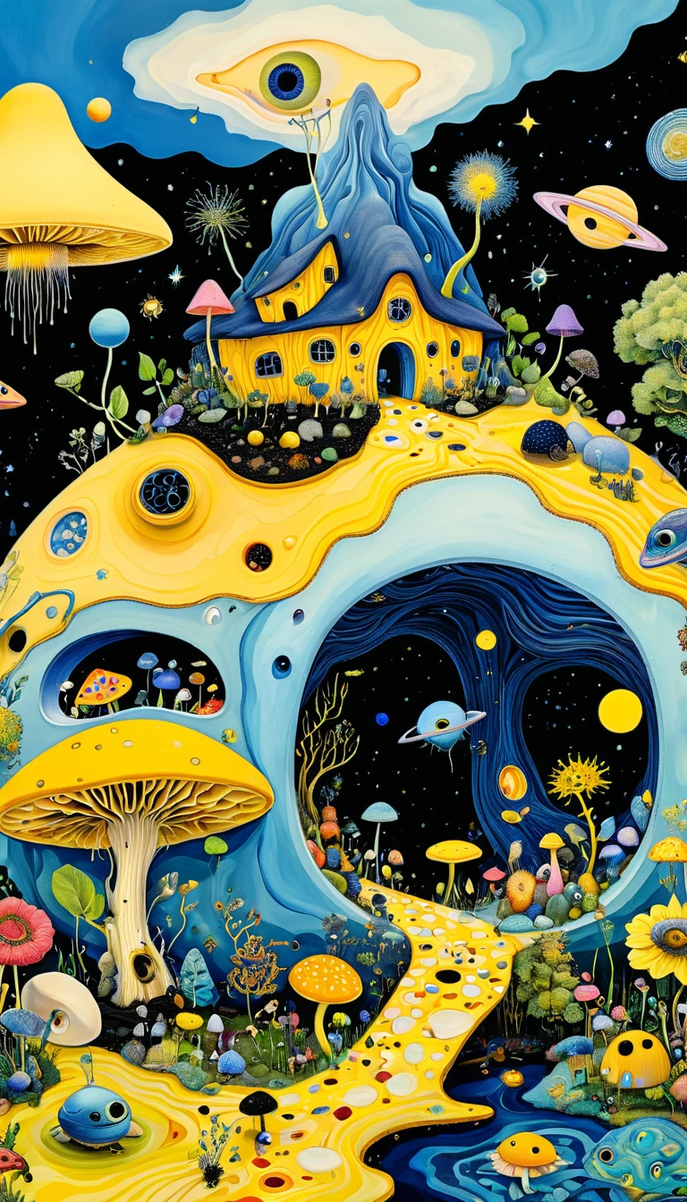 Intense visual fusion of various elements，broto，microorganism、plantar、Cheese house、Eye、wild animal life，Stitching an abstract painting，Describing the inner world of autistic people，Sense of space，blank space，interesting，innocence，psychedelic art，blue and yellow and black,3d