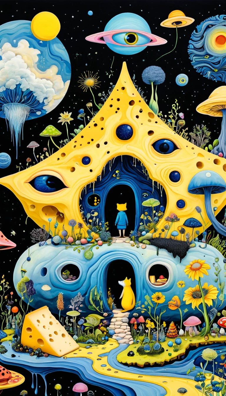 Intense visual fusion of various elements，broto，microorganism、plantar、Cheese house、Eye、wild animal life，Stitching an abstract painting，Describing the inner world of autistic people，Sense of space，blank space，interesting，innocence，psychedelic art，blue and yellow and black,