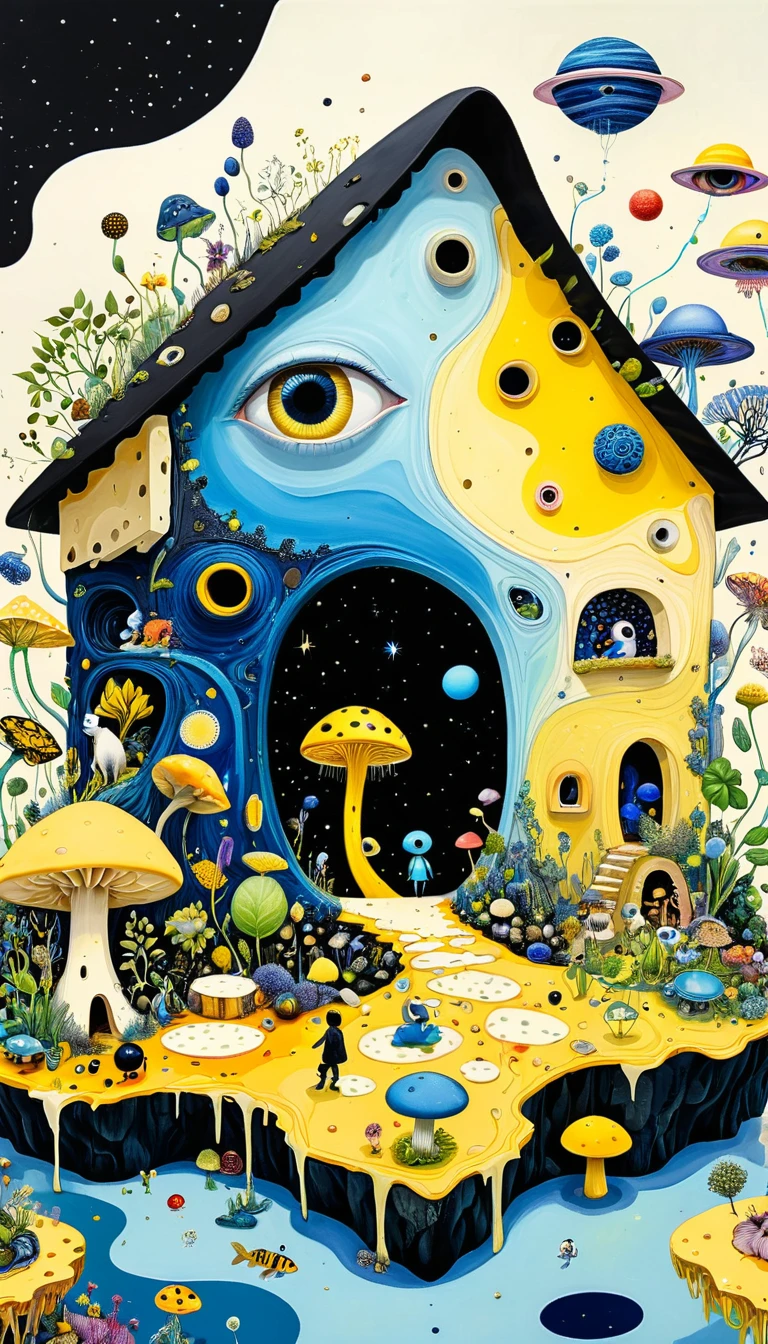 Intense visual fusion of various elements，broto，microorganism、plantar、Cheese house、Eye、wild animal life，Stitching an abstract painting，Describing the inner world of autistic people，Sense of space，blank space，interesting，innocence，psychedelic art，blue and yellow and black,