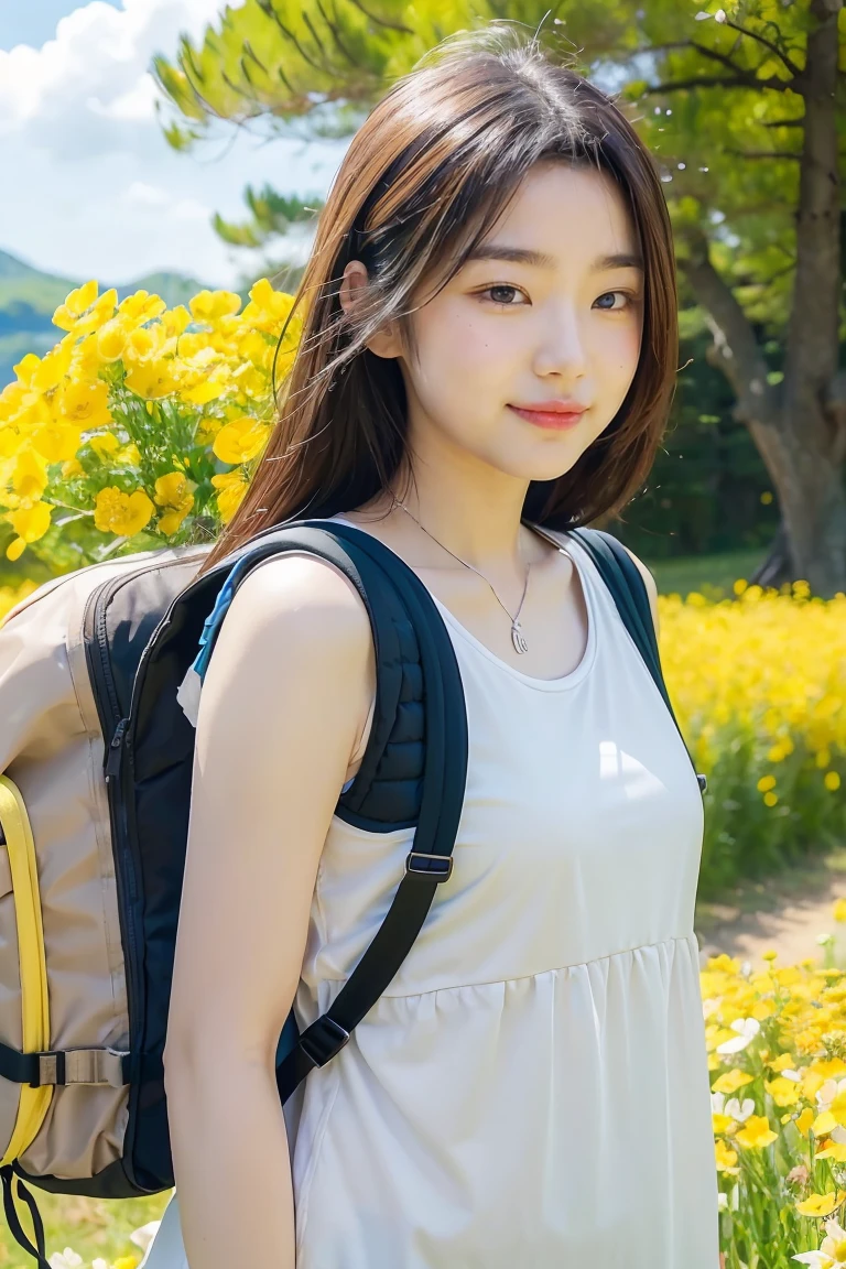 A very charming with a backpack and her cute puppy (husky) enjoying a lovely spring outing surrounded by beautiful yellow flowers and nature. 4K resolution, HD, illustrations, very detailed, facial features, cartoons, visual effects.