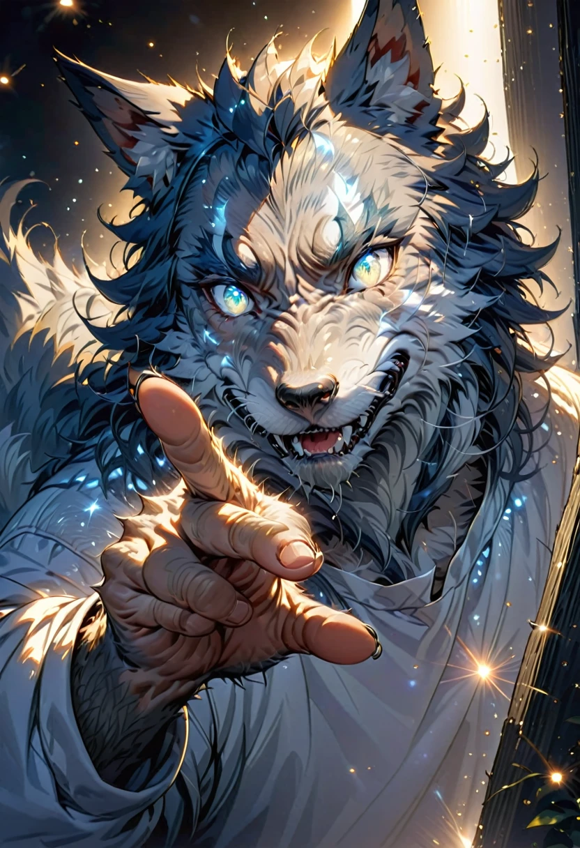 masterpiece, Official Art, Hairy, male, Anthropomorphic gray wolf, Delicate face, Delicate Eyes, White sweatshirt, Facial blemishes, Finger Wolf: 1.2, Depth of written boundary, Perfect lighting, Particles of light, (Highest quality), (masterpiece), (Super detailed), Sharp focus, Particles of light