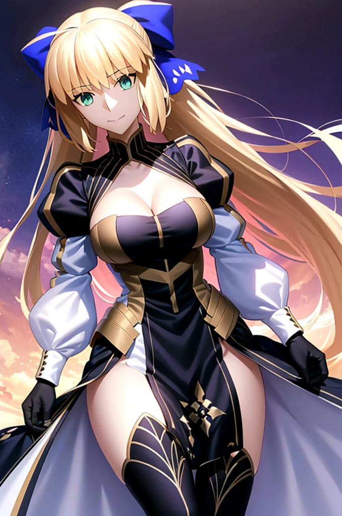 cccaster, long hair, ahoge, hair bow, green eyes, cleavage, dress, puffy sleeves, long sleeves, black gloves, pelvic curtain, black thighhighs, huge breasts, looking at viewer, condescending smile, black thong,