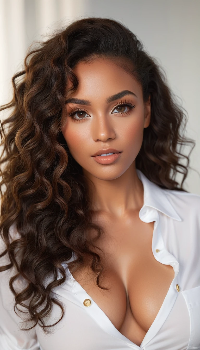 (best quality,4k,highres, highres face details), Bina, African American 30-year-old, with long brown curly hair, wearing a white buttoned-up shirt,18 years old, Instagram model, 32DD natural breast, fake lashes, fake lips, dark makeup, perfect skin, tan skin, golden hour, huge natural breast 32DD, posing, sexy, sensual vibes, whole body image, from head to toe. perfection.