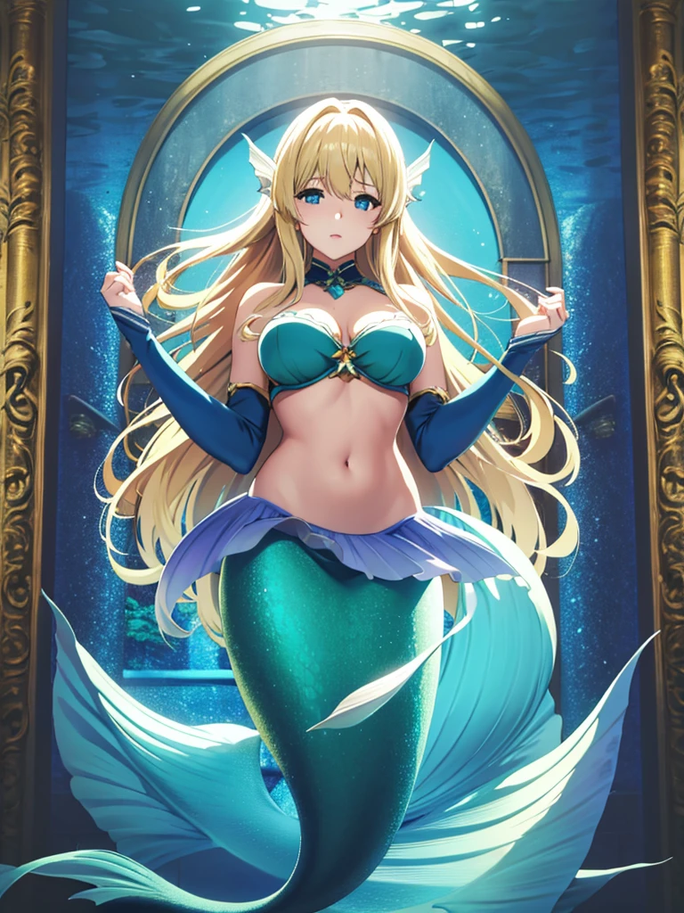 violet evergarden, mermaid, underwater, masterpiece, best quality, 1girl, solo, blonde hair, long hair blue eyes, large breasts, bra, looking at viewer, green mermaid tail,