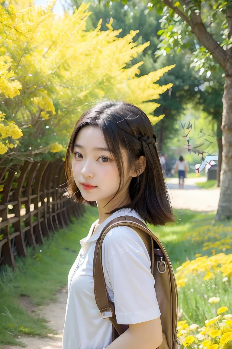 A very charming little girl' with a backpack and her cute puppy (husky) enjoying a lovely spring outing surrounded by beautiful yellow flowers and nature. 4K resolution, HD, illustrations, very detailed, facial features, cartoons, visual effects.