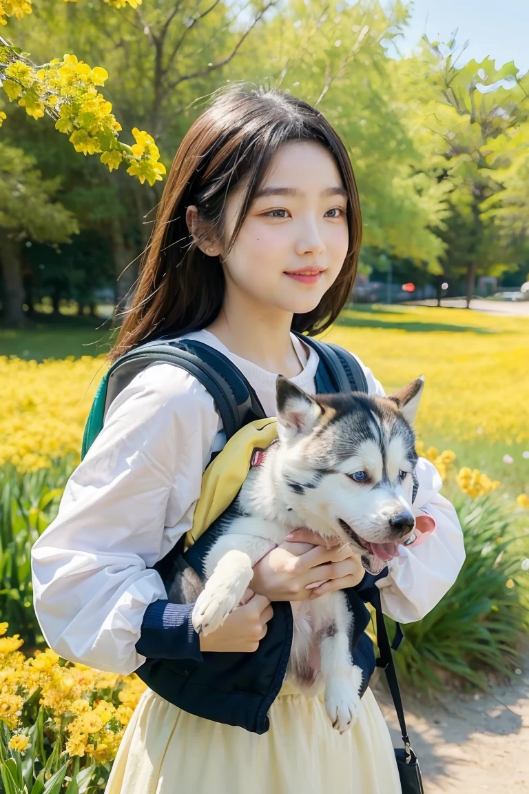 A very charming little girl' with a backpack and her cute puppy (husky) enjoying a lovely spring outing surrounded by beautiful yellow flowers and nature. 4K resolution, HD, illustrations, very detailed, facial features, cartoons, visual effects.  