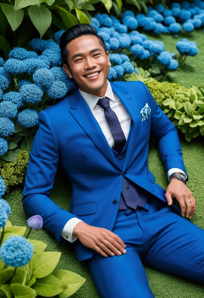 Handsome Indonesian man lying down on blue garden with blue suit full with blue flowers smiling