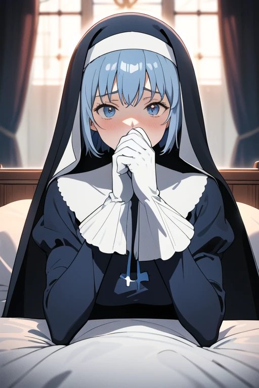Mature women, nun, blue nun outfit, puffy sleeves, blue cape ,blue long skirt, white gloves, long deep black veil, vail cover her face,(look at viewer), vail covered face, (perfect skin),(no emotion ), anime, room, bedroom, sexy pose