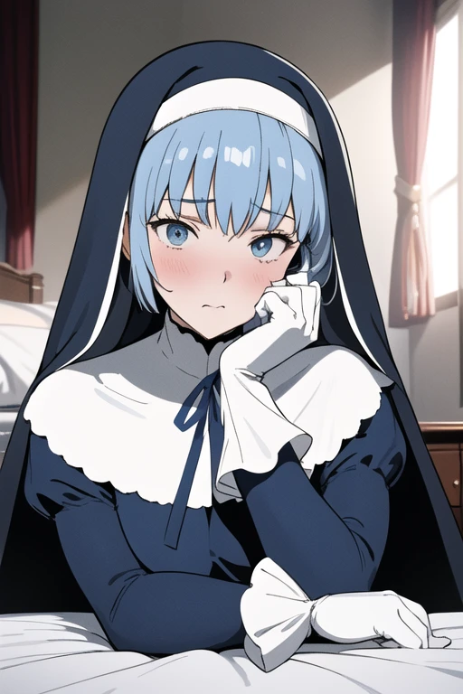 Mature women, nun, blue nun outfit, puffy sleeves, blue cape ,blue long skirt, white gloves, long deep black veil, vail cover her face,(look at viewer), vail covered face, (perfect skin),(no emotion ), anime, room, bedroom, sexy pose