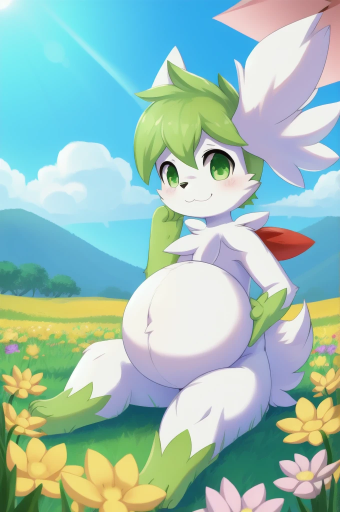 Shaymin (Sky forme), young, green hair, green eyes, black nose, white body fur, green hands, green feets, detailed face, detailed eyes, detailed body fur, glistering body, shiny body, gorgeous body, full body, feets whit three toes, :3, flower field, clear sky, looking at you, sit on rock, masterpiece, hyper-pregnant 