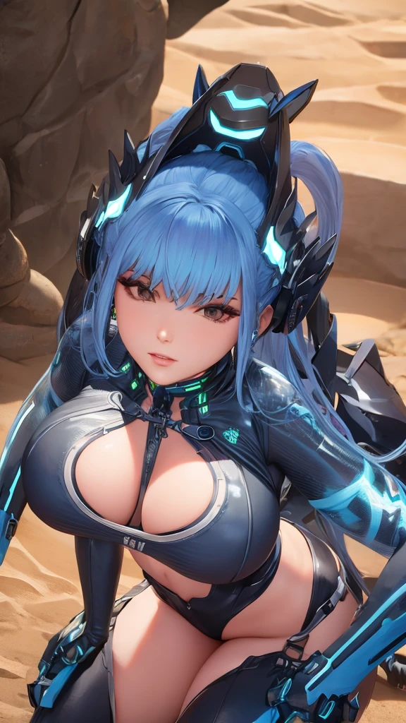 Eve with huge breasts in neon micro nanosuit with huge cleavage in the desert 