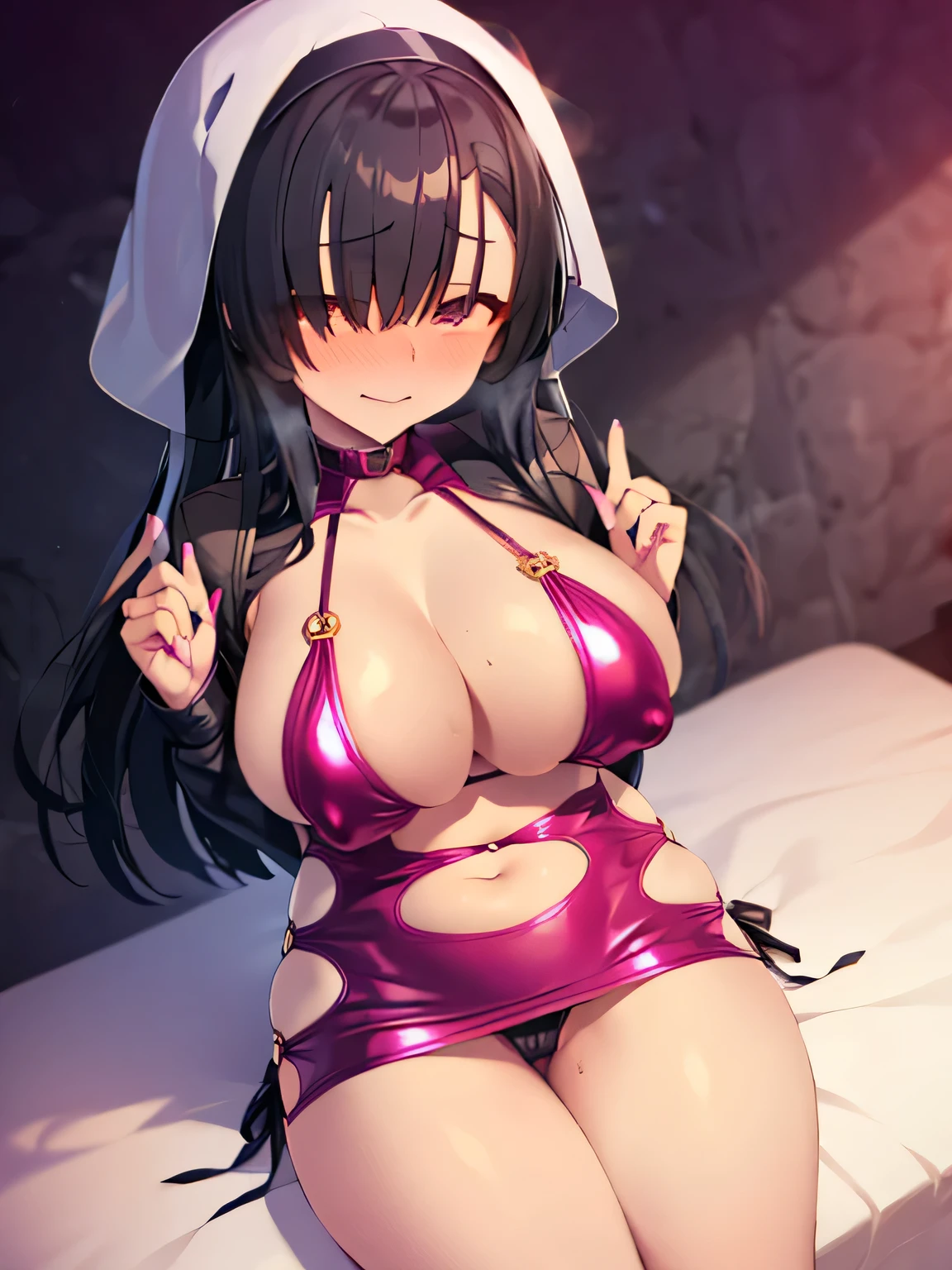 Black Hair，Black clothes，Bottom-to-top shot，Short Mini Dress，Hair covering eyes，（Large Breasts），Bikini，Shy，Exceed，Thick Legs，Fascinating three-dimensional,Fascinating three-dimensional