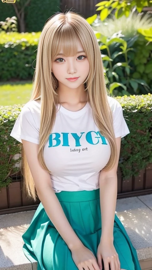 Sexy Big 、Sexy cute looks and cute 15 year old beautiful girl, beautiful and sexy face、Blonde Straight Hair、beautiful, Long Bangs、Cute and sexy eyes、Large Breasts、Random sexy poses、Tight long skirt、garden、T-Shirts、