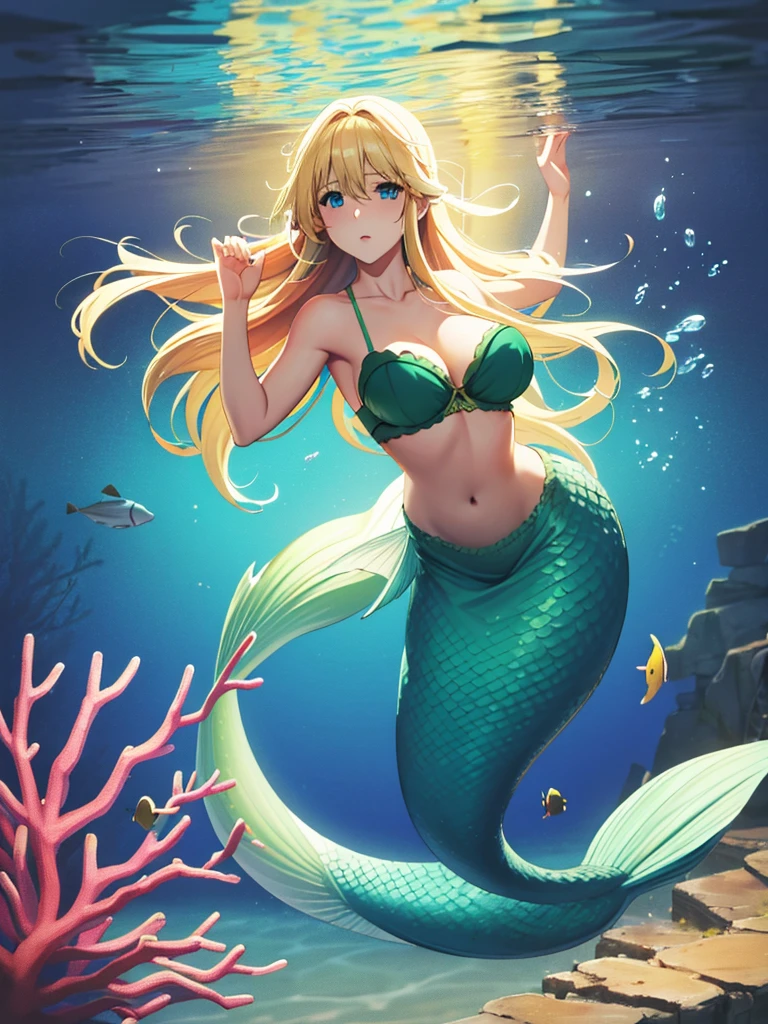 violet evergarden, mermaid, underwater sea, coral, fish, masterpiece, best quality, 1girl, solo, blonde hair, long hair blue eyes, large breasts, bra, looking at viewer, green mermaid tail,