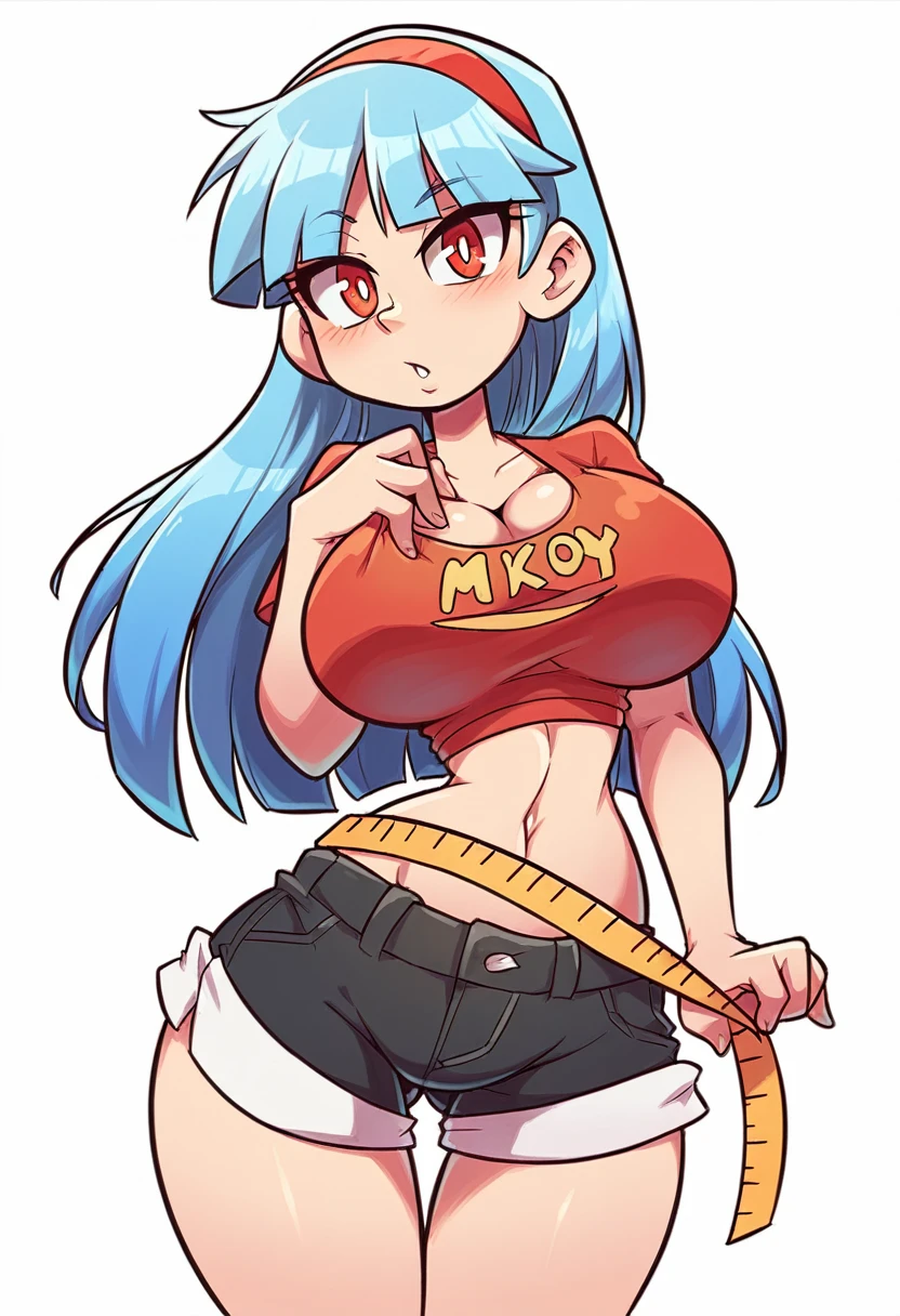 My name is Yukiko.I am a white test woman with long light blue  hair,red eye color.I am 1.62 cm tall . My breasts measure 200 cm, my waist 40 cm and my hips 200 cm. dressed in an orange thread bra and very short black shorts . With huge breasts 200 cm