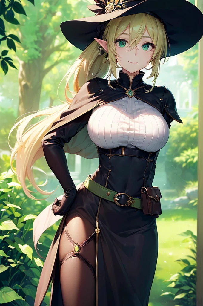 (((masterpiece; best quality: 1.2))), (finely detailed eyes: 1.3), (25 year old elf woman), (solo), (green eyes: 1.4), (body; big breasts, fit, femenine: 1.3), (silky blonde hair in low ponytail: 1.3), (beautiful and clear background: 1.2), ((depth of field)), (equipment: adventurer attire + modest + elegant wide-brimmed hat + dark blouse + dark cape + black long skirt + gloves + belt + pouches: 1.3), (anime illustration: 1.2), (background composition; royal garden: 1.1), (extremely fine and beautiful: 1.1), (shot composition; standing + centered on torso + close-up: 1.5), (expression; calm, smile: 1.2)