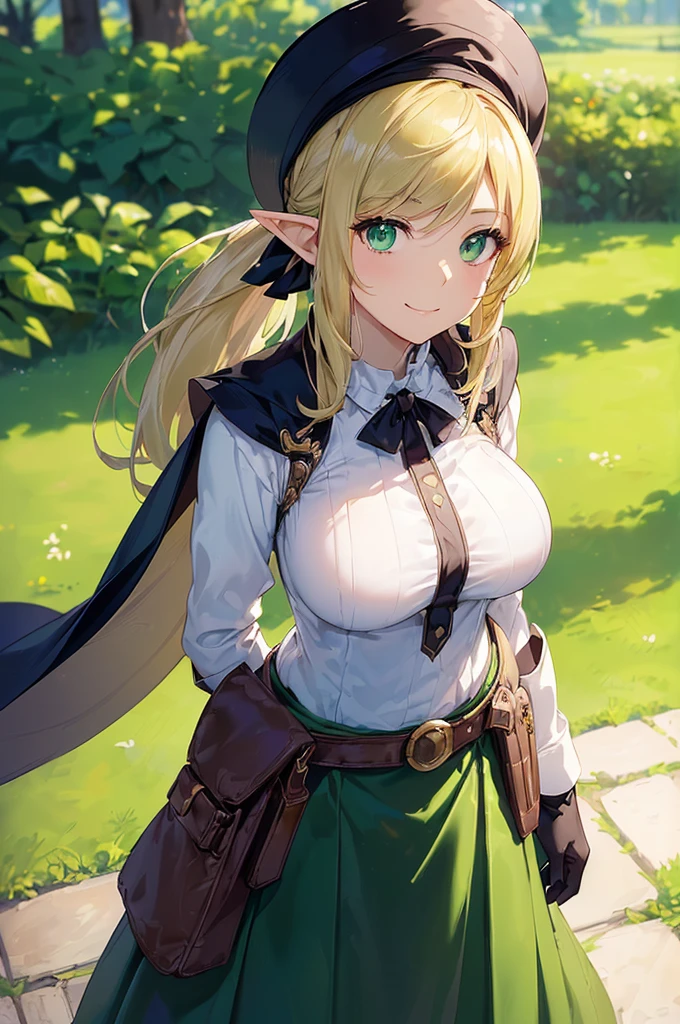 (((masterpiece; best quality: 1.2))), (finely detailed eyes: 1.3), (25 year old elf woman), (solo), (green eyes: 1.4), (body; big breasts, fit, femenine: 1.3), (silky blonde hair in low ponytail: 1.3), (beautiful and clear background: 1.2), ((depth of field)), (equipment: adventurer garb + modest + elegant wide-brimmed hat + dark blouse + dark cape + black long skirt + gloves + belt + pouches: 1.3), (anime illustration: 1.2), (background composition; royal garden: 1.1), (extremely fine and beautiful: 1.1), (shot composition; standing + centered on torso + close-up: 1.5), (expression; calm, smile: 1.2)