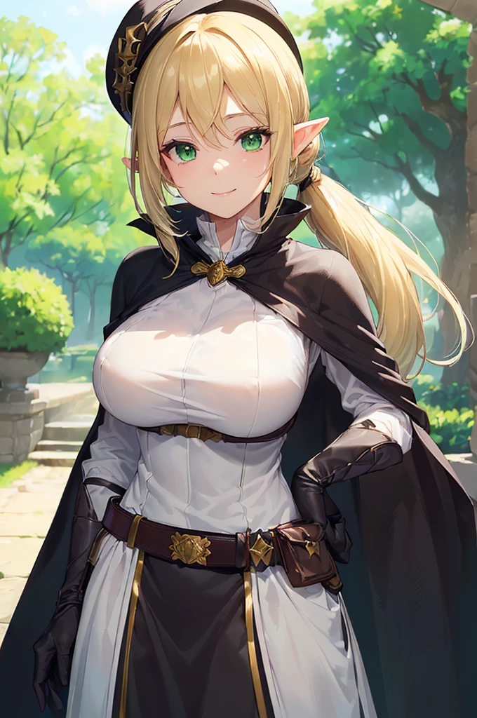 (((masterpiece; best quality: 1.2))), (finely detailed eyes: 1.3), (25 year old elf woman), (solo), (green eyes: 1.4), (body; big breasts, fit, femenine: 1.3), (silky blonde hair in low ponytail: 1.3), (beautiful and clear background: 1.2), ((depth of field)), (equipment: adventurer garb + modest + elegant wide-brimmed hat + dark blouse + dark cape + black long skirt + gloves + belt + pouches: 1.3), (anime illustration: 1.2), (background composition; royal garden: 1.1), (extremely fine and beautiful: 1.1), (shot composition; standing + centered on torso + close-up: 1.5), (expression; calm, smile: 1.2)