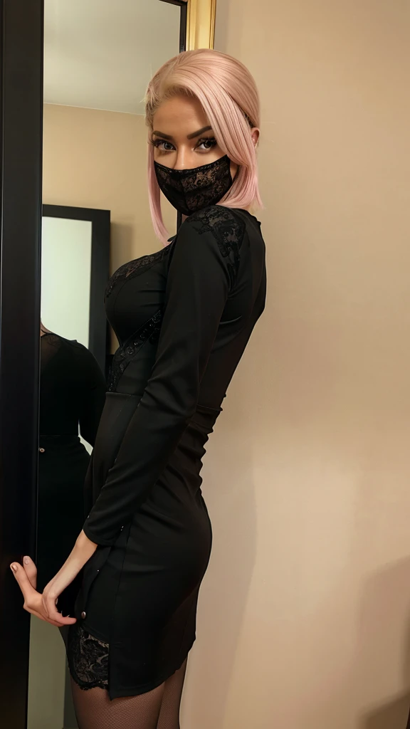 there is a blond woman with pink shady hair taking a selfie in a mirror, sexy black lacy dress, tight dress, black dress, wearing black dress, wearing a black dress, in a black dress, 30-year-old woman from cuba, sexy dress, full body picture, red hot, skintight dress, blackbody suit, in a dress, she arrived in a black dress,black stockings,big breast, milf ,proper eyes ,perfect face,no deformation 